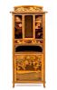 * An Emile Galle Various Woods Marquetry Vitrine, Height 56 x width 25 1/4 x depth 14 1/2 inches.