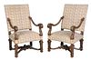Pair Louis XIV Style Beechwood Open Arm Chairs