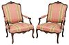Pair Louis XV Carved Walnut Open Arm Chairs