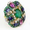 Contemporary Approx. 7.28 Carat Emerald, 5.92 Carat Multi Color Sapphire, 3.83 Carat Diamond and 18 Karat Yellow Gold Ring.
