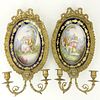 Pair French Sevres Style Gilt Bronze And Hand painted Porcelain Two Light Sconces.
