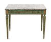 A Louis XVI Style Painted and Parcel Gilt Tea Table Height 28 1/4 x width 36 1/4 x depth 25 1/2 inches.
