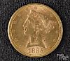 US 1885 five dollar liberty eagle gold coin.