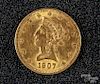 US 1907 Liberty Eagle ten dollar gold coin.