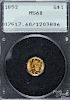 US 1852 one dollar gold coin, PCGS MS60.