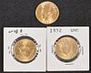 Three US 1932 ten dollar gold coins.