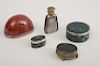 THREE MOSS AGATE SNUFF BOXES, AN AGATE SNUFF BOTTLE AND A PORTUGUESE RED MARBLE PAPER WEIGHT