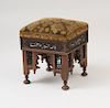 NORTH AFRICAN EBONIZED AND HARDWOOD FOOTSTOOL, RETAILED BY JAMES SHOOLBRED & CO., TOTTENHAM HOUSE, LONDON