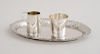 CONTINENTAL SILVER OVAL TRAY WITH PIERCED SCROLL WORK BORDER, A MONOGRAMMED SILVER CUP AND A SMALL SILVER MUG