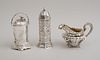 WILLIAM IV SILVER CREAMER, A VICTORIAN SILVER POT AND COVER WITH SWING HANDLE, AND AN OCTAGONAL CASTER