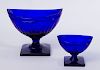 LARGE COBALT GLASS FOOTED CENTER BOWL AND A SMALLER CENTER BOWL