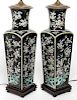 Chinese Famille Noir Square Vase Lamps, Pair
