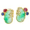 HARRY FIRESIDE CHINESE CARVED JADE, RUBY & SAPPHIRE EAR CLIPS