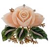 Angel Skin Coral and Nephrite Brooch with Diamonds in 14 Karat Yellow Gold
