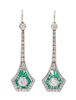 A Pair of Art Deco Platinum, Diamond and Emerald Earrings, 3.90 dwts.