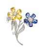 A Platinum, Multicolor Sapphire and Diamond Double Flower Brooch, 24.20 dwts.