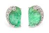 A Pair of 14 Karat White Gold, Jade and Diamond Earclips, 9.80 dwts.