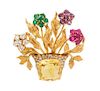 A 18 Karat Yellow Gold, Yellow Sapphire, Diamond and Multigem Flower Basket Brooch, Italian, 14.60 dwts.
