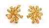 A Pair of Sculptural 18 Karat Yellow Gold, Emerald and Diamond Earclips, Italian, 15.90 dwts.
