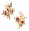 A Pair of 18 Karat Yellow Gold, Diamond, and Ruby Floral Cluster Earclips, Cartier, 8.30 dwts.
