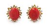 A Pair of 18 Karat Gold, Coral and Diamond Earclips, 9.90 dwts.