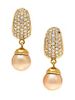 A Pair of 18 Karat Yellow Gold, Diamond and Cultured Golden South Sea Pearl Hoop Earrings, 15.80 dwts.