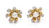 A Pair of 18 Karat Bicolor Gold, Cultured South Sea Pearl, Diamond and Colored Diamond Chrysanthemum Motif Earclips, 25.20 dw