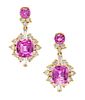 A Pair of 14 Karat Yellow Gold, Pink Sapphire and Diamond Earclips, 11.60 dwts.