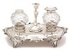 An English Silver and Glass Standish, Henry Wilkinson & Co., Sheffield, England, 1854, having pierced cartouche-form tray wit