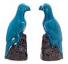 A Pair of Chinese Export Turquoise and Aubergine Glazed Porcelain Parrots