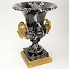 Large Neoclassical Style Black Marble Urn with Gilt Bronze Ram's Head Handles.