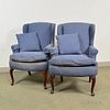 Pair of Queen Anne-style Upholstered Cherry Wing Chairs, ht. 38 in.