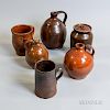 Six Redware Pottery Vessels, (imperfections), ht. to 8 1/4 in.