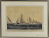 Framed Currier & Ives Hand-colored Engraving Regatta Of The New York Yacht Club "Rounding S.W. Spit," sight size 20 1/2 x 29
