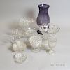Eleven Pieces of Colorless Pressed Glass and an Amethyst Glass Hurricane Shade, ht. 13 1/2 in.