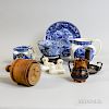 Ten Decorative Items, five blue and white transfer-decorated ceramic items, a pair of Staffordshire spaniels, a copper lustre