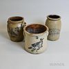 Three Cobalt-decorated Stoneware Vessels, ht. to 9 1/4 in.