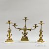 American Brass and Marble Three-piece Girandole, 19th century, with dolphin-form bases, ht. 16 in.