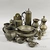 Seventeen Pewter Tableware Items, including a coffeepot, pitchers, tankards, porringers, and chargers.