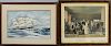 Two Framed Works, a watercolor of two sailing vessels, signed "Jean Tallman," and a Thielley engraving Un Mariage Civil Aux E