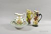 Two French Ceramic Dragon-handled Pitchers and a Pitcher and Basin, (restoration), ht. to 14 3/4 in.