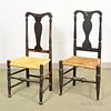 Two Queen Anne Black-painted Side Chairs, (damage), ht. to 42 in.