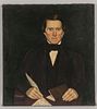 American School, 19th Century  Portrait of a Gentleman.  Unsigned.  Oil on ticking, the man seated with his pen to paper,...