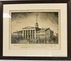 Framed Sidney Smith Etching View of the Merchants Exchange, State Street and Adjacent Buildings, 1842, plate size 17 3/4 x 23