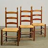 Three Ladder-back Side Chairs, with remnants of old red paint, ht. to 40 1/4 in.