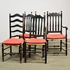 Three Black-painted Bannister-back Chairs and a Ladder-back Chair, (imperfections), ht. to 45 1/2 in.
