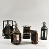 Five Lanterns, including a red-painted E. Miller & Co., and one impressed "Iron Clad Lamp Stove," ht. to 13 1/2 in.