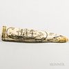 Carved and Cast Resin Reproduction Scrimshaw Walrus Tusk, depicting Elizabeth Kay and a whaling vessel, lg. 10 1/2 in.