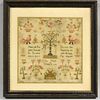Framed Needlework Adam and Eve Sampler "Mary Heath," England, 1789, wrought in silk, ht. 15 1/2, wd. 15 in.