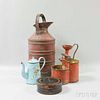 Five Painted Metal Items, a round tin spice box, a red-painted chamberstick, a large pitcher, a blue tole coffeepot, and a ca